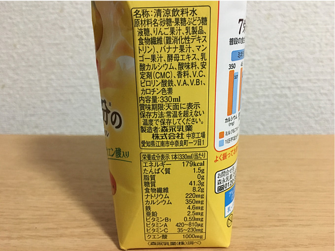 森永ミルク&フルーツPLUS+フルーツミックス1日不足分のビタミン・ミネラル・食物繊維が摂れる!3