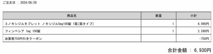 ミノタブ＆フィンペシア7回目購入明細書-画像