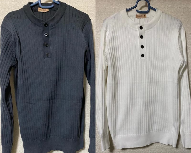 Amazon購入ヘンリーネックニット(グレー&白)写真