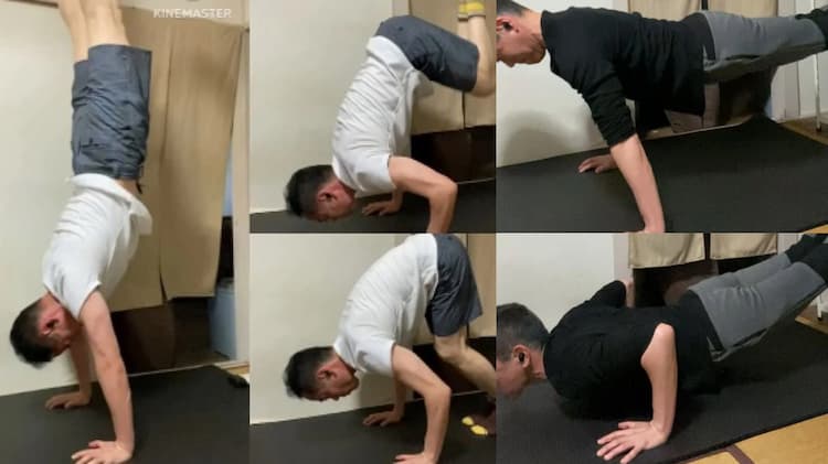 50代-胸の筋肉痛は久しぶり！逆立ち後→デクライン腕立てで追い込む！